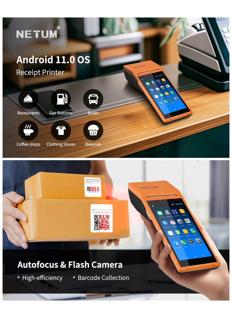 Handheld PDA Android POS Terminal Receipt Printer Barcode Printer, Data Collector, Portable Barcode Scanner Pos Machine, Handheld Bluetooth USB WiFi BT4.0, Orange(Included Paper Scroll 58 * 35)