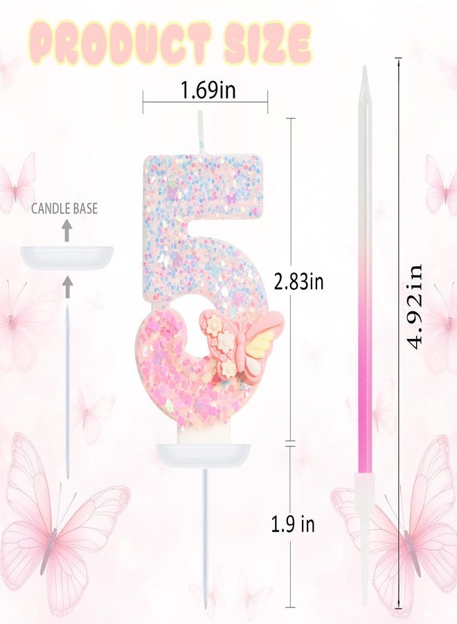 ElekFX Pink Butterfly Number 5 Candle with 6 Pcs Gradient Candles, 5th Birthday Decorations for Girls, Glitter Butterfly Cake Topper with Sequins for Party Supplies & Favors - Image 2