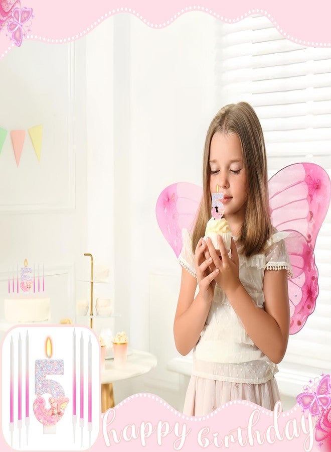 ElekFX Pink Butterfly Number 5 Candle with 6 Pcs Gradient Candles, 5th Birthday Decorations for Girls, Glitter Butterfly Cake Topper with Sequins for Party Supplies & Favors - Image 5