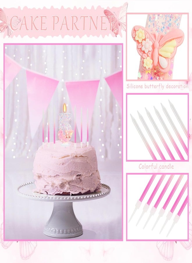 ElekFX Pink Butterfly Number 5 Candle with 6 Pcs Gradient Candles, 5th Birthday Decorations for Girls, Glitter Butterfly Cake Topper with Sequins for Party Supplies & Favors - Image 4