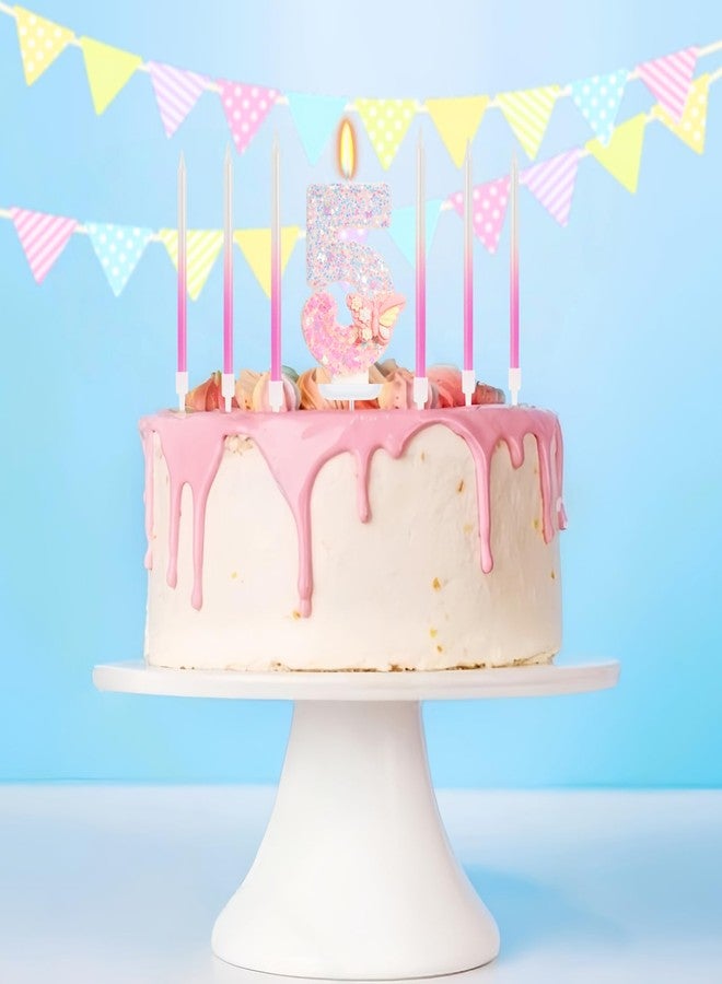 ElekFX Pink Butterfly Number 5 Candle with 6 Pcs Gradient Candles, 5th Birthday Decorations for Girls, Glitter Butterfly Cake Topper with Sequins for Party Supplies & Favors - Image 3