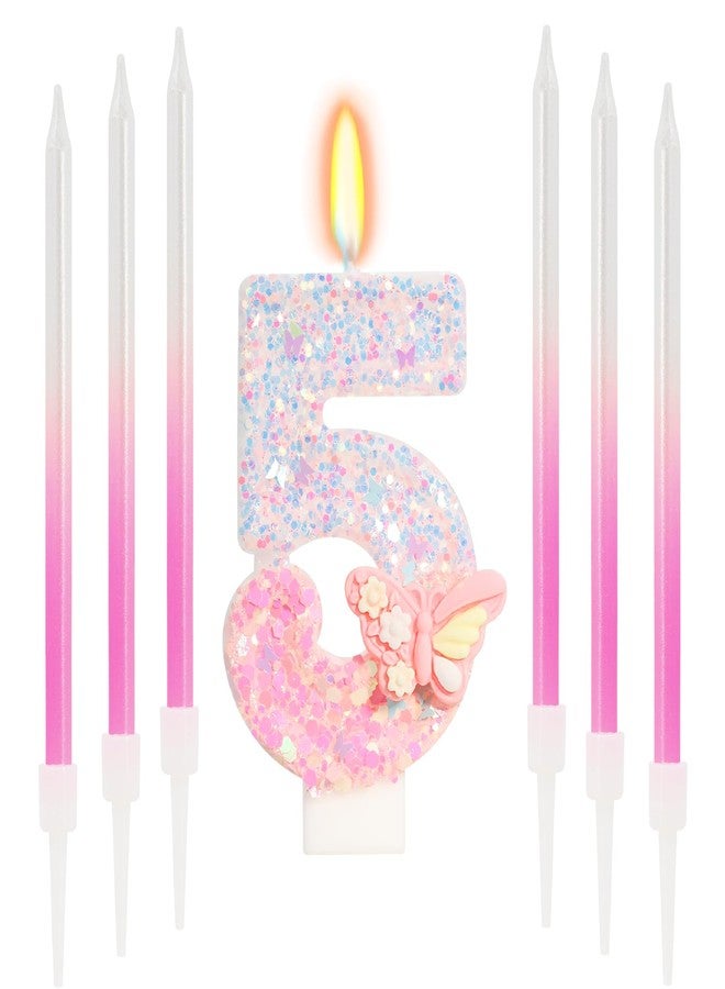 ElekFX Pink Butterfly Number 5 Candle with 6 Pcs Gradient Candles, 5th Birthday Decorations for Girls, Glitter Butterfly Cake Topper with Sequins for Party Supplies & Favors - Image 1