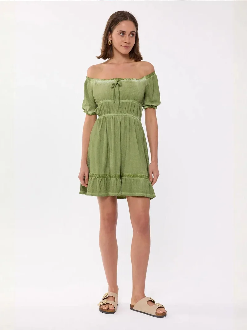 HICCUP Off-Shoulder Tie-Front Acid-Washed Mini Dress