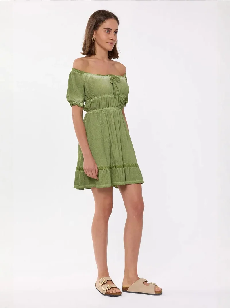 HICCUP Off-Shoulder Tie-Front Acid-Washed Mini Dress