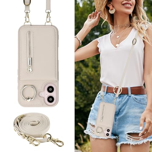 Jcxtrombulous Crossbody Wallet Case for iPhone 17 with Lanyard Strap Card Slot Holder RFID Blocking 360° Ring Kickstand,Magnetic Flip Folio Zipper Purse Case, PU Leather Cover Handbag,Beige - Image 2