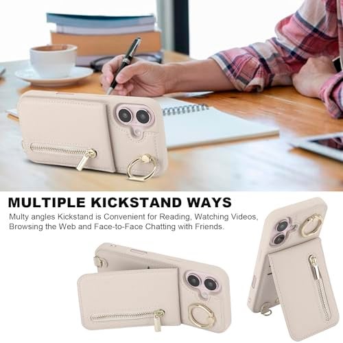 Jcxtrombulous Crossbody Wallet Case for iPhone 17 with Lanyard Strap Card Slot Holder RFID Blocking 360° Ring Kickstand,Magnetic Flip Folio Zipper Purse Case, PU Leather Cover Handbag,Beige - Image 4