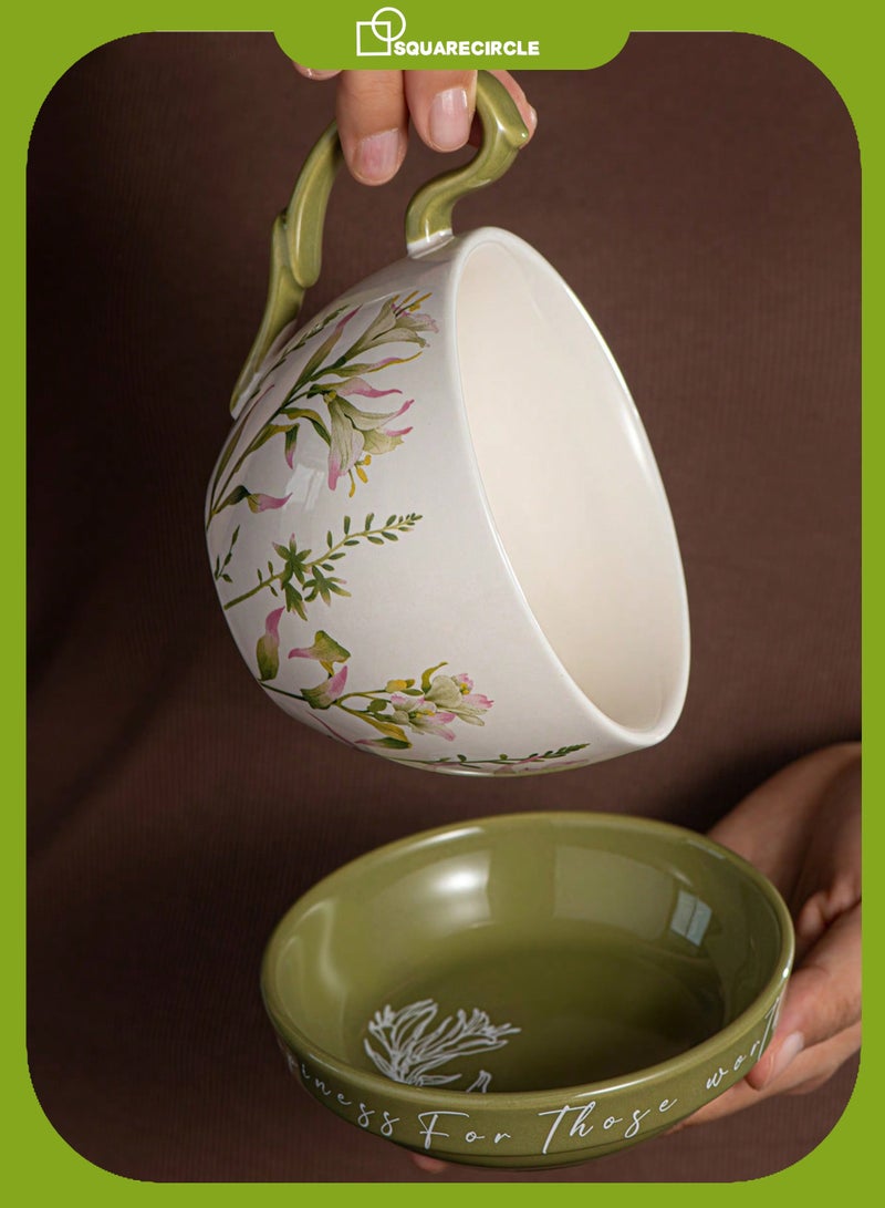 دائرة مربعة كوب قهوة سيراميك مع غطاء يُستخدم كطبق – سعة 16 أونصة، تصميم زهري، كوب قهوة وشاي للاستخدام اليومي والهدايا - Image 1