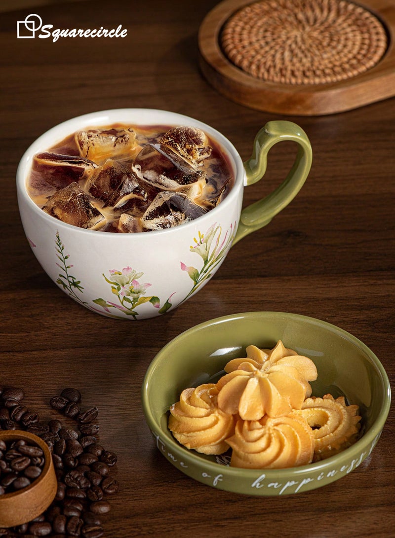 دائرة مربعة كوب قهوة سيراميك مع غطاء يُستخدم كطبق – سعة 16 أونصة، تصميم زهري، كوب قهوة وشاي للاستخدام اليومي والهدايا - Image 2