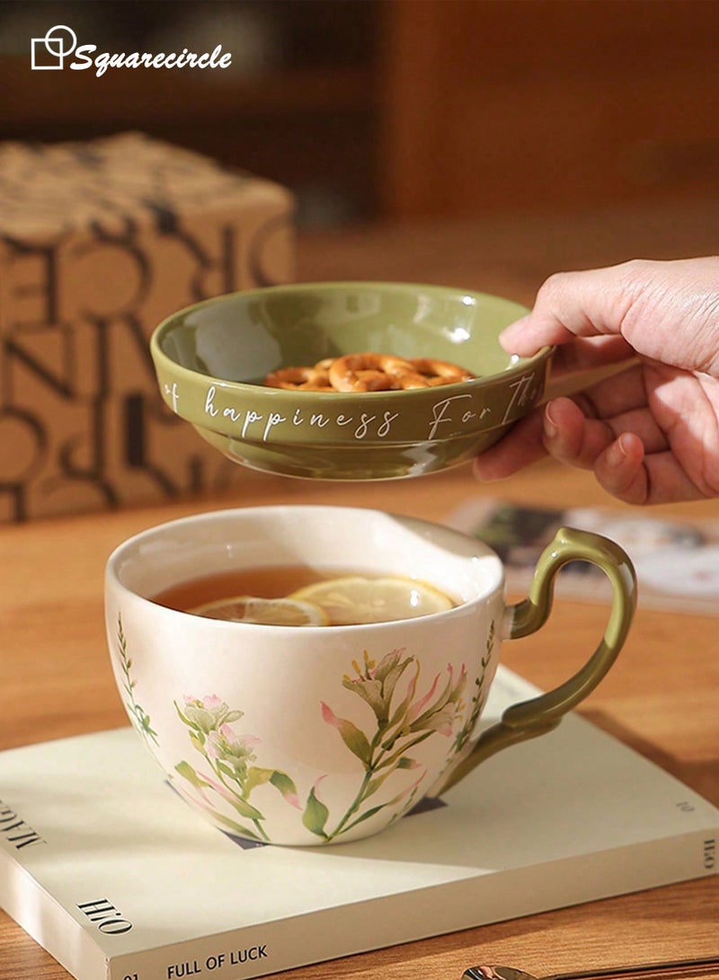 دائرة مربعة كوب قهوة سيراميك مع غطاء يُستخدم كطبق – سعة 16 أونصة، تصميم زهري، كوب قهوة وشاي للاستخدام اليومي والهدايا - Image 3