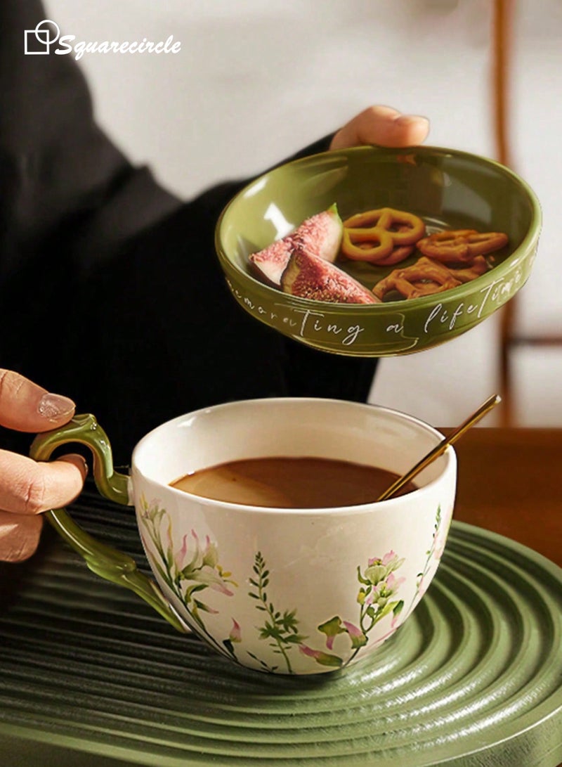 دائرة مربعة كوب قهوة سيراميك مع غطاء يُستخدم كطبق – سعة 16 أونصة، تصميم زهري، كوب قهوة وشاي للاستخدام اليومي والهدايا - Image 4