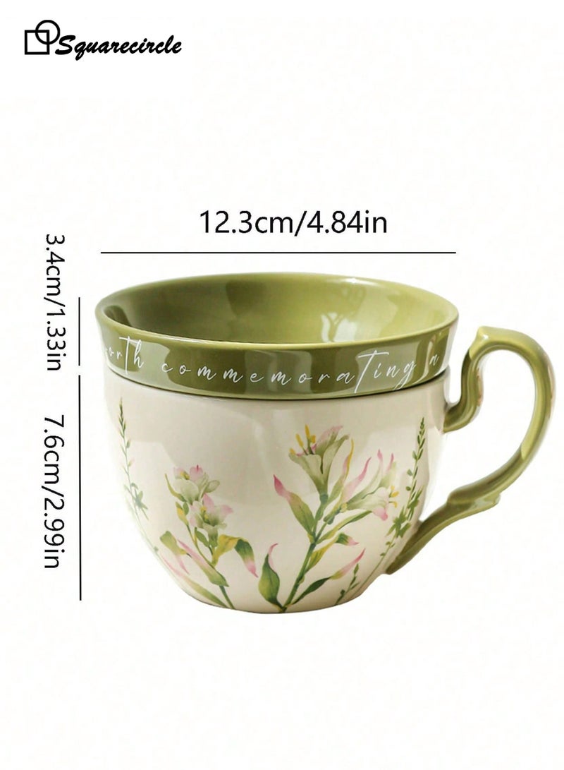 دائرة مربعة كوب قهوة سيراميك مع غطاء يُستخدم كطبق – سعة 16 أونصة، تصميم زهري، كوب قهوة وشاي للاستخدام اليومي والهدايا - Image 5