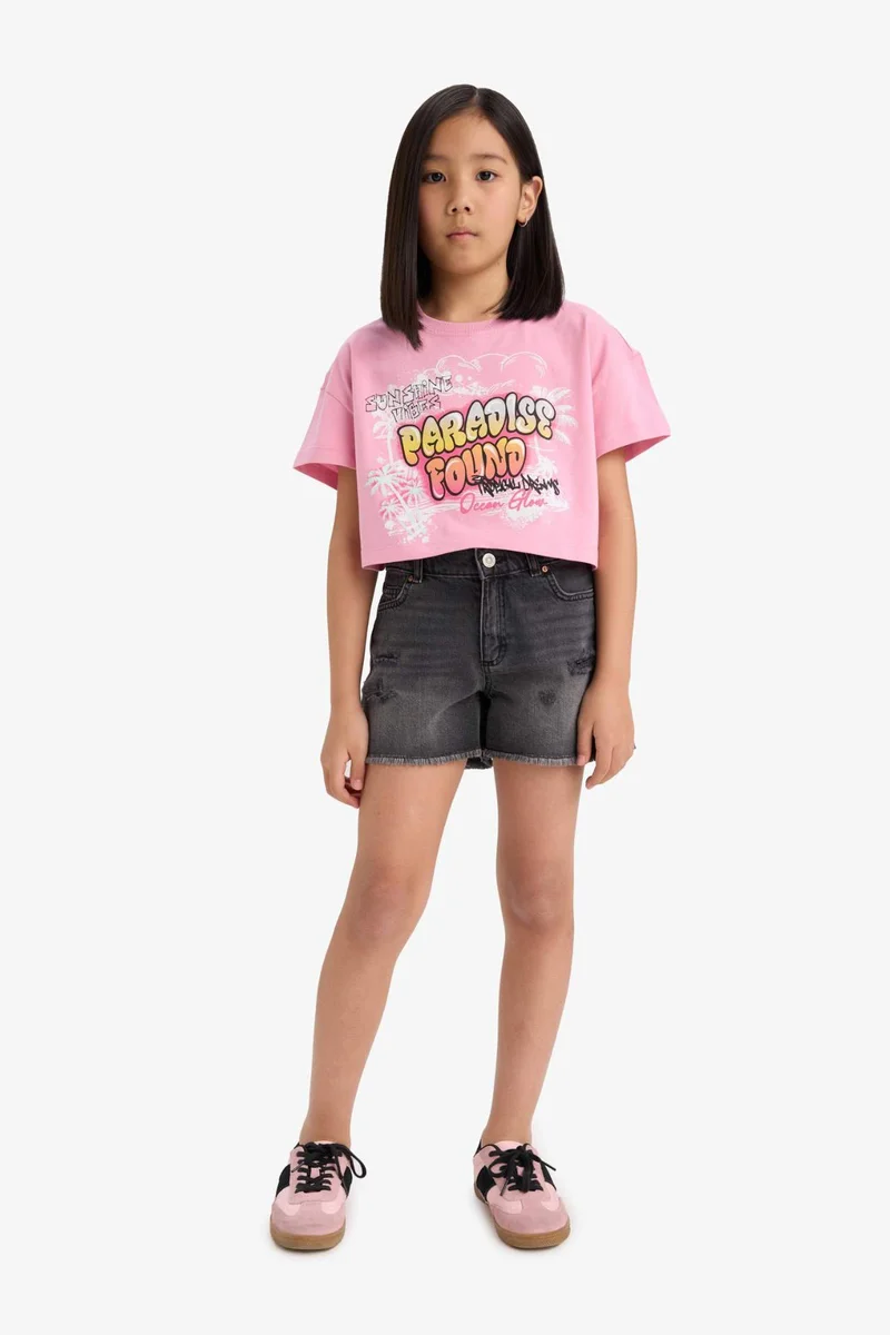 ديفاكتو Girl Full Crop Crew Neck Short Sleeve T-Shirt