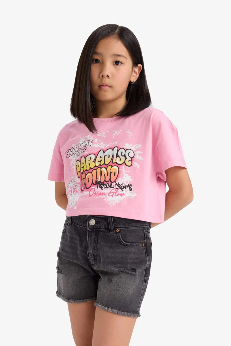 ديفاكتو Girl Full Crop Crew Neck Short Sleeve T-Shirt