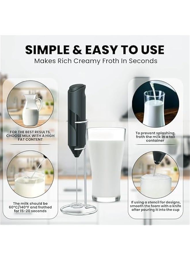 بيوينتي MOMENT Handheld Milk Frother with Stand, Powerful Battery Operated Coffee Frother, Mini Electric Drink Mixer for Whisk, Coffee, Lattes, Cappuccino, Matcha, Hot Chocolate (Black) - Image 4