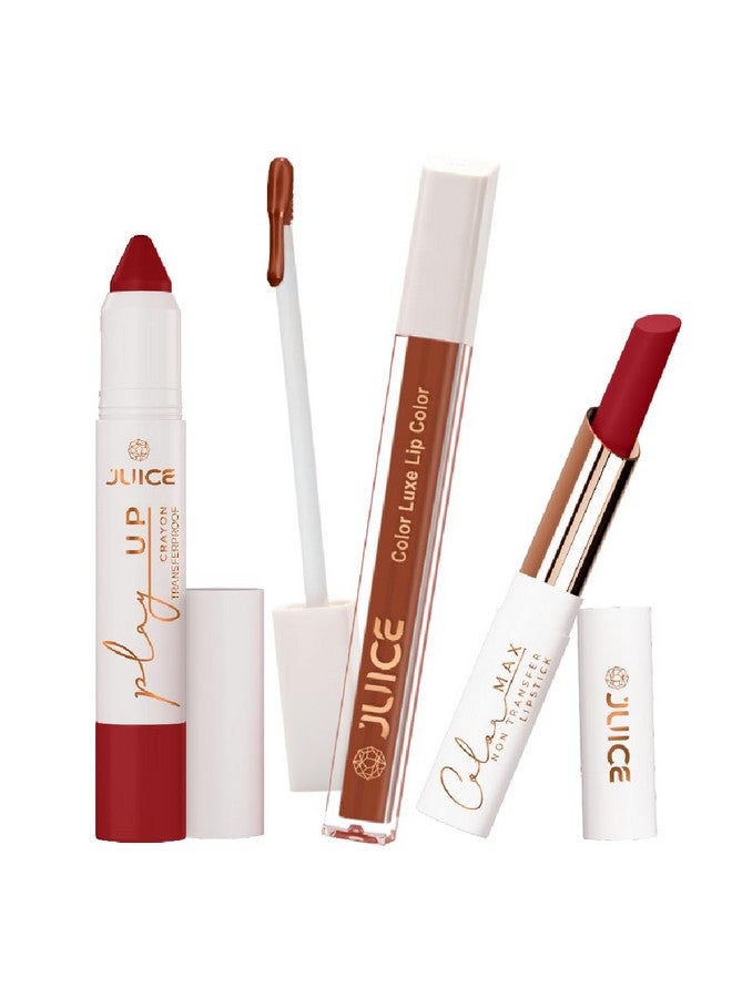 Juice Long Lasting, 3pc Lipstick Combo Set For Women(Cherry On Top-MCR09 Lip Crayon, Mocha Lust-M02 Liquid Lipstick, Lasting Lava-M21 Slim Stick) - Image 1
