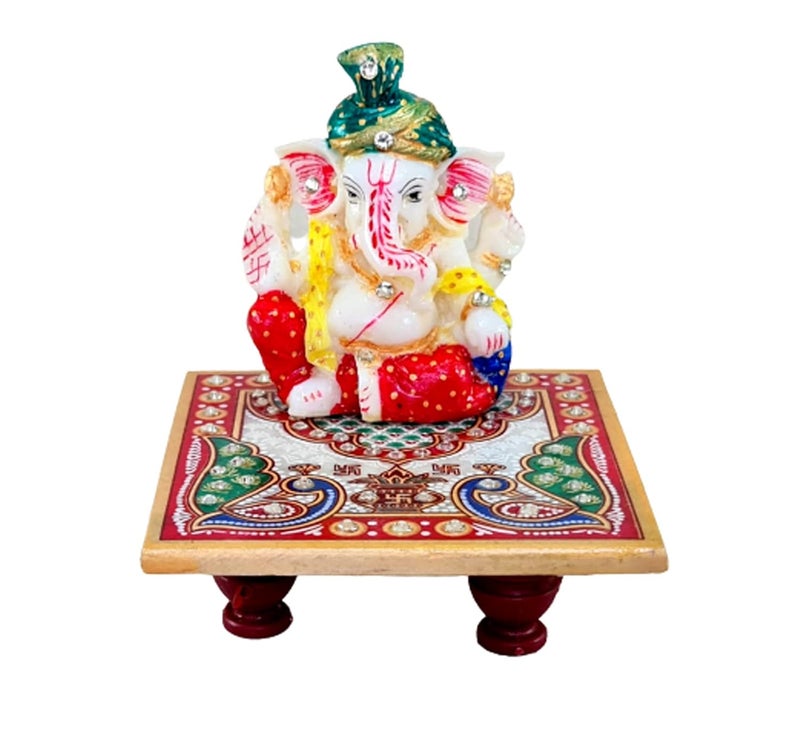 ESPLANADE Marble Chowki with Ganesh Ganesha Ganpati Murti Idol Statue Sculpture Pooja Idols Home Decor Small Size - Image 1