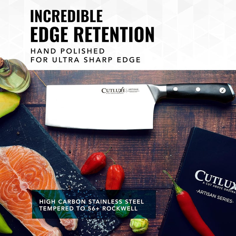Cutluxe Cleaver Knife - 7" Meat Cleaver, Butcher Knife for Meat Cutting – German Steel Blade, Full Tang, Ergonomic Handle Design – Artisan Series - Image 5