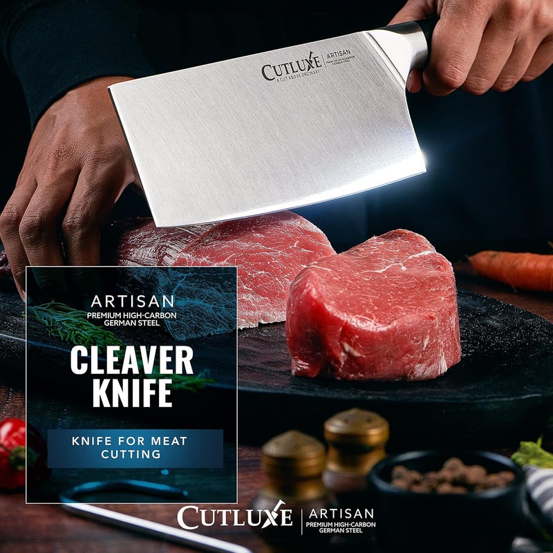 Cutluxe Cleaver Knife - 7" Meat Cleaver, Butcher Knife for Meat Cutting – German Steel Blade, Full Tang, Ergonomic Handle Design – Artisan Series - Image 4