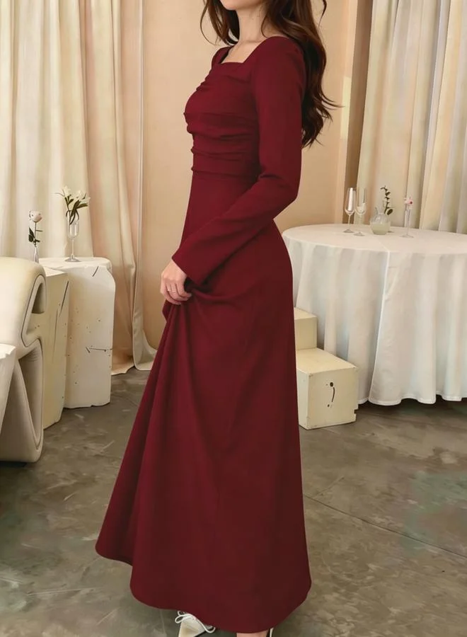 Take Two Burgundy Solid Square Neck Maxi Dress