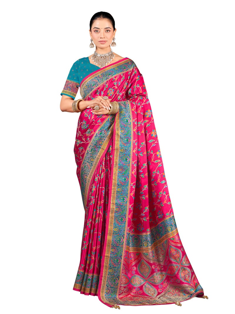 Glory Sarees Women’s Luxurious Dola Satin Pure Silk Original Saree Position Print Work Madhubani Inspired Motifs Banarasi Kanjivaram Style Saree With Blouse Piece (Elegant105_Pink) - Image 1