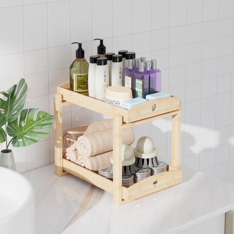 APRTAT 2 Pack Under Sink Organizer, Bamboo Wooden 2-Tier Pull-Out Storage with Sliding Drawers for Kitchen and Bathroom Cabinets, Easy Installation (Natural) - Image 5