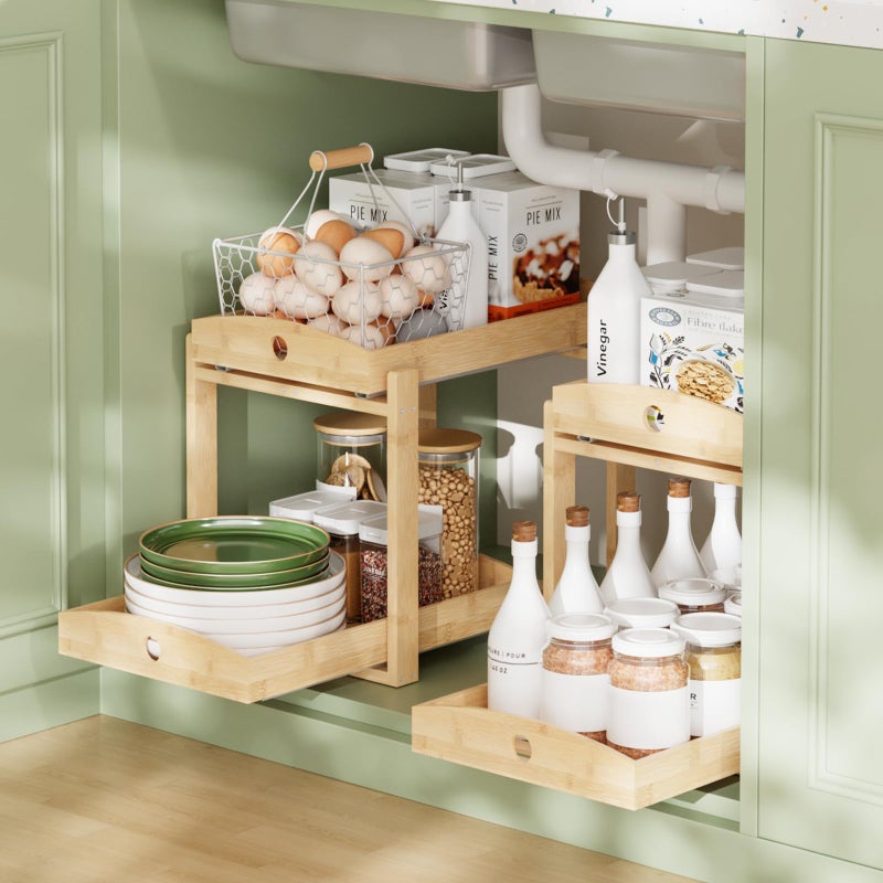 APRTAT 2 Pack Under Sink Organizer, Bamboo Wooden 2-Tier Pull-Out Storage with Sliding Drawers for Kitchen and Bathroom Cabinets, Easy Installation (Natural) - Image 1