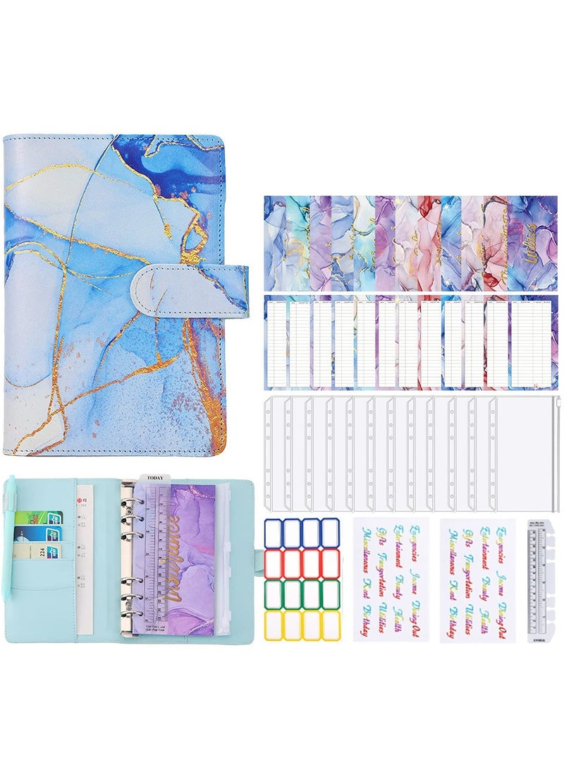 KASTWAVE Budget Binder with Zipper Envelopes, Cash Envelopes for Budgeting, A6 PU Leather Budget Binder Planner with 12 Pcs Clear Zipper Envelopes, 12 Pcs Budget Sheets for Budgeting, Saving Money(Azure) - Image 1