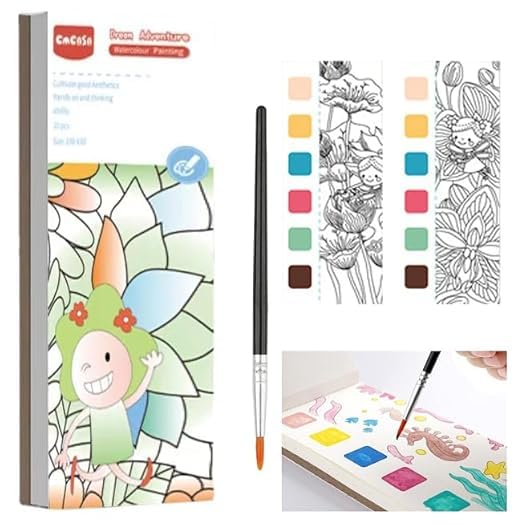 MASENT Watercolor Painting Books for Beginners, Pocket 20 Pages Book with 1 Paint Brush, Sheet Cartoon Watercolor Paint Book Gift for Kids Design and Color (Pack of 1)(Character As per Stock) (Dream Adventure) - Image 1