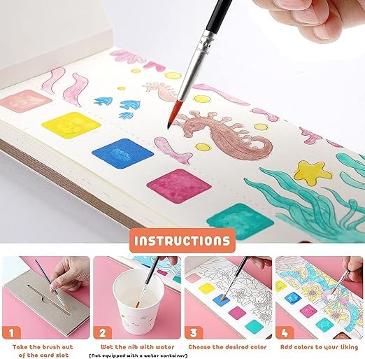 MASENT Watercolor Painting Books for Beginners, Pocket 20 Pages Book with 1 Paint Brush, Sheet Cartoon Watercolor Paint Book Gift for Kids Design and Color (Pack of 1)(Character As per Stock) (Dream Adventure) - Image 4