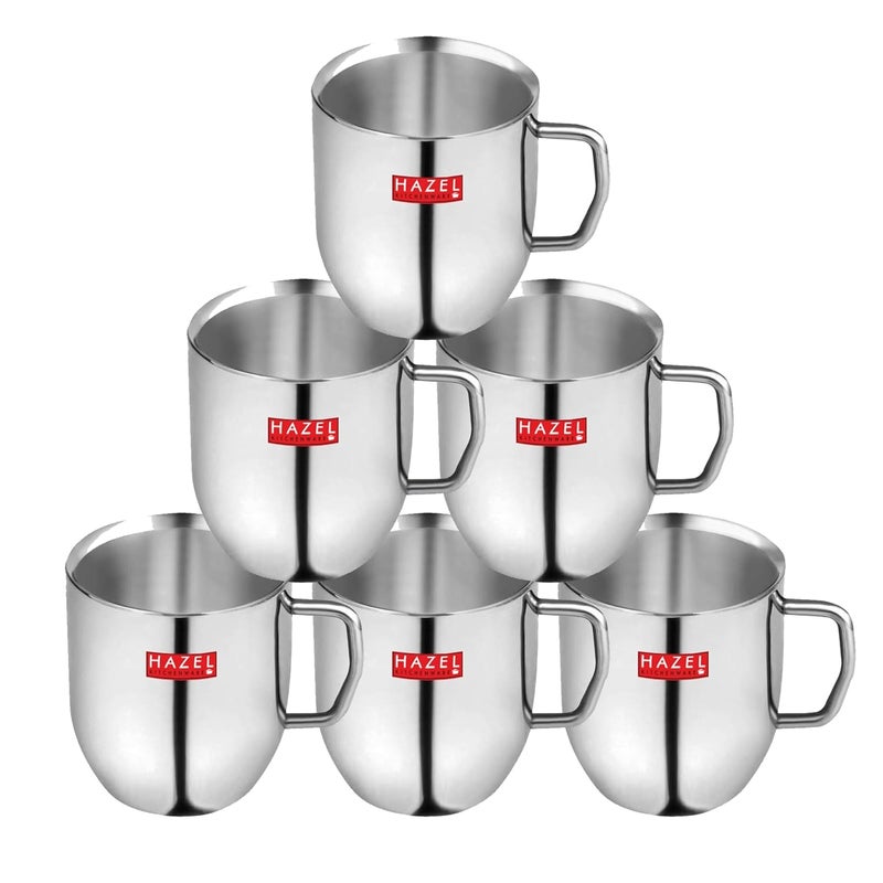 HAZEL Stainless Steel Tea Coffe Cup Set 300 ml Each Steel Mugs for Coffee with Silver Glossy Finish Unbreakable Cups for Tea Ideal for Daily Use Set of 6 - Image 1