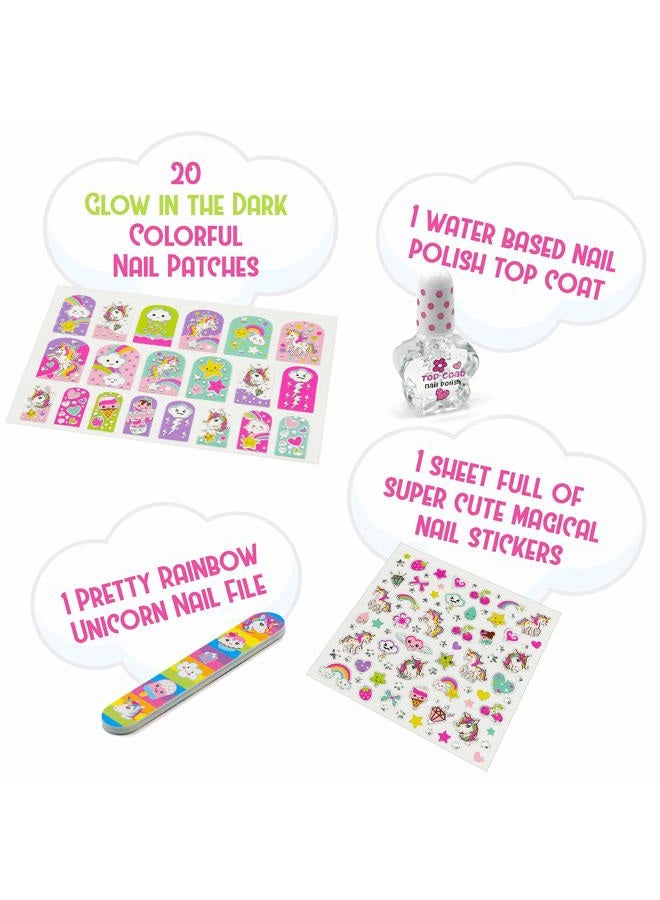 Hot Focus طقم أظافر يونيكورن - مجموعة طلاء أظافر للأطفال للفتيات من عمر 5 إلى 12 عامًا مع أكثر من 77 قطعة، طقم سبا، مجموعة تزيين الأظافر، تتلألأ في الظلام، ملصقات، وطلاء قائم على الماء - طقم أظافر للفتيات. - Image 3