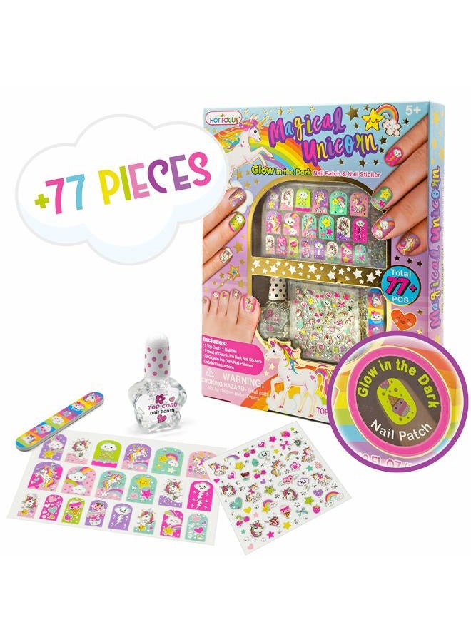 Hot Focus طقم أظافر يونيكورن - مجموعة طلاء أظافر للأطفال للفتيات من عمر 5 إلى 12 عامًا مع أكثر من 77 قطعة، طقم سبا، مجموعة تزيين الأظافر، تتلألأ في الظلام، ملصقات، وطلاء قائم على الماء - طقم أظافر للفتيات. - Image 2