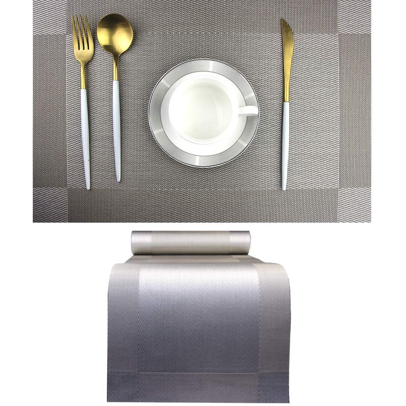 PIGCHCY Elegant Placemats with Matching Table RunnerWashable Placemats Crosswoven Vinyl Table mats Sets6pcs Round Placemats1pcs Table RunnerGrey Silver