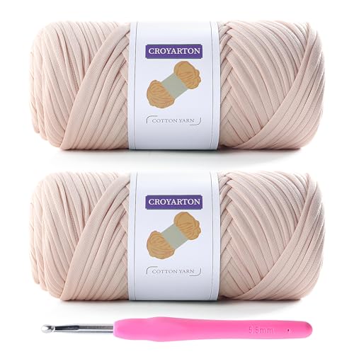 NDICANG 2 Pack Elastic T-Shirt Yarn for Crochet Bag/Baskets/Home Decor - 1 Crochet Hook, Thick Knitting Yarn - Total Length 130 Yds, Weight 14 Oz (Beige) - Image 1