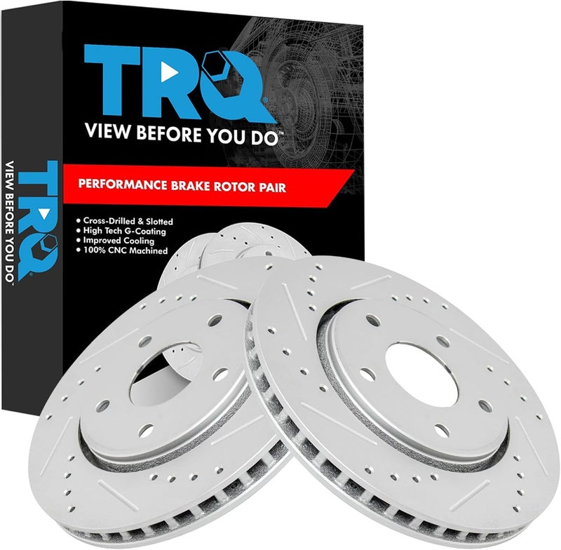 TRQ Front Performance Brake Rotor Drilled Slotted Pair Set for 2012-2014 Cargo Van / 2008-2016 Grand Caravan / 2009-2013 Journey / 2009-2014 Routan / 2008-2016 Town & Country - Image 1