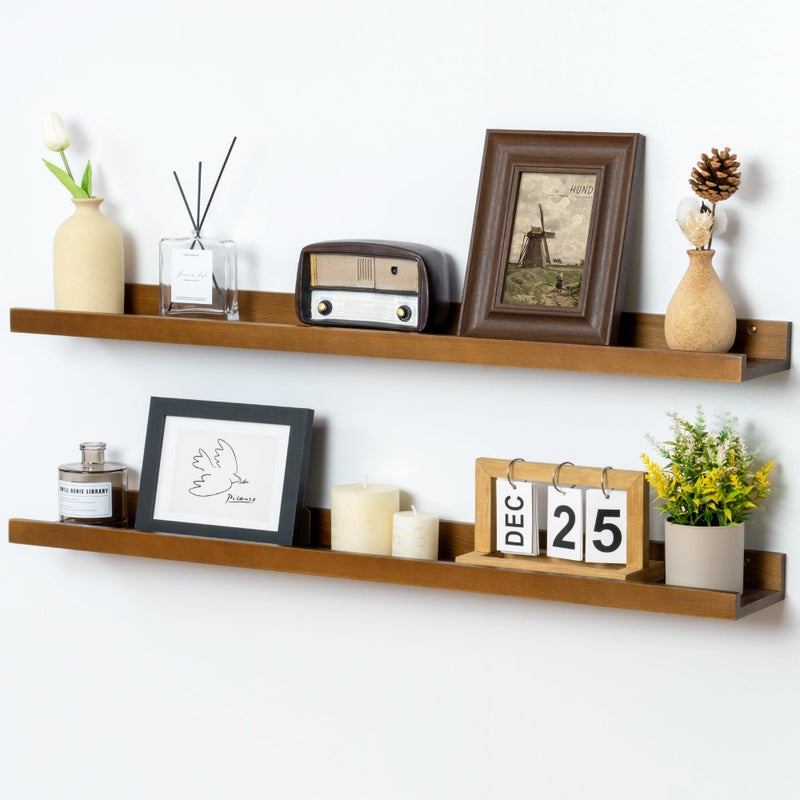FLYJOE Picture Ledge Wall Shelves 36 inch Width Set of 2 Solid Pine Wood Rustic Floating Ledge Shelves for Wall for Kids Room Bedroom Kitchen Bathroom Living Room Nursery Display Wall Decor Walnut