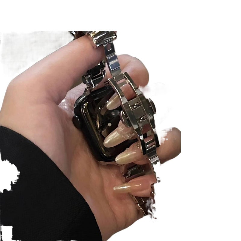 SK سوار ساعة ذكية سوار معدني من الستانلس ستيل متوافق مع Apple Watch بملاءمة قابلة للتعديل وحزام بديل بتصميم معدني أنيق باللون Starlight قابل للتعديل - Image 3