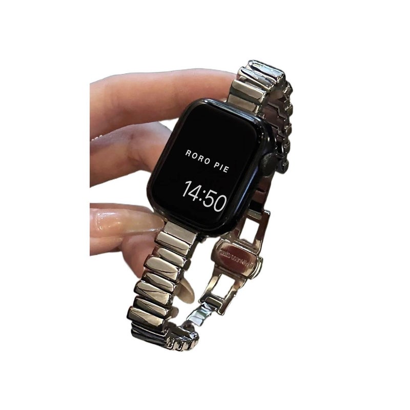 SK سوار ساعة ذكية سوار معدني من الستانلس ستيل متوافق مع Apple Watch بملاءمة قابلة للتعديل وحزام بديل بتصميم معدني أنيق باللون Starlight قابل للتعديل - Image 2