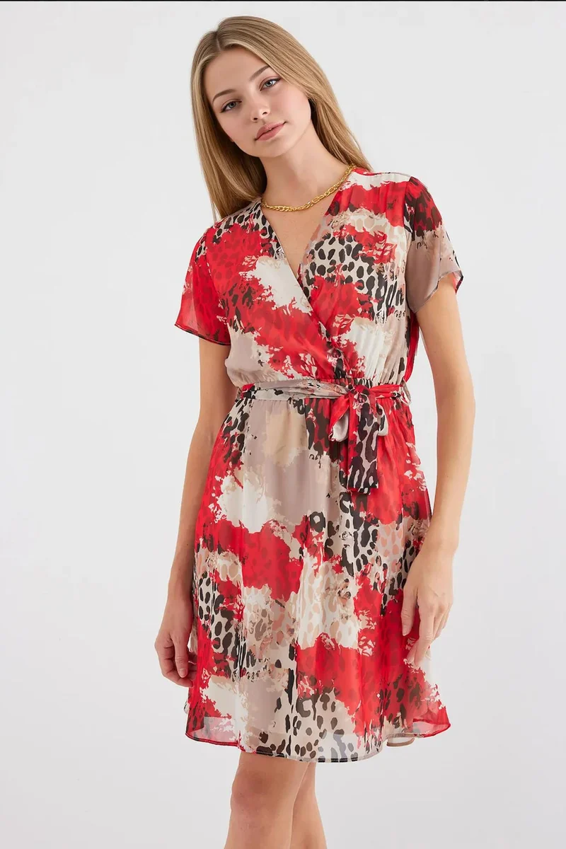 Big Dart Red BDART Floral V-Neck Belted Mini Tea Dress for Women | Best Price UAE