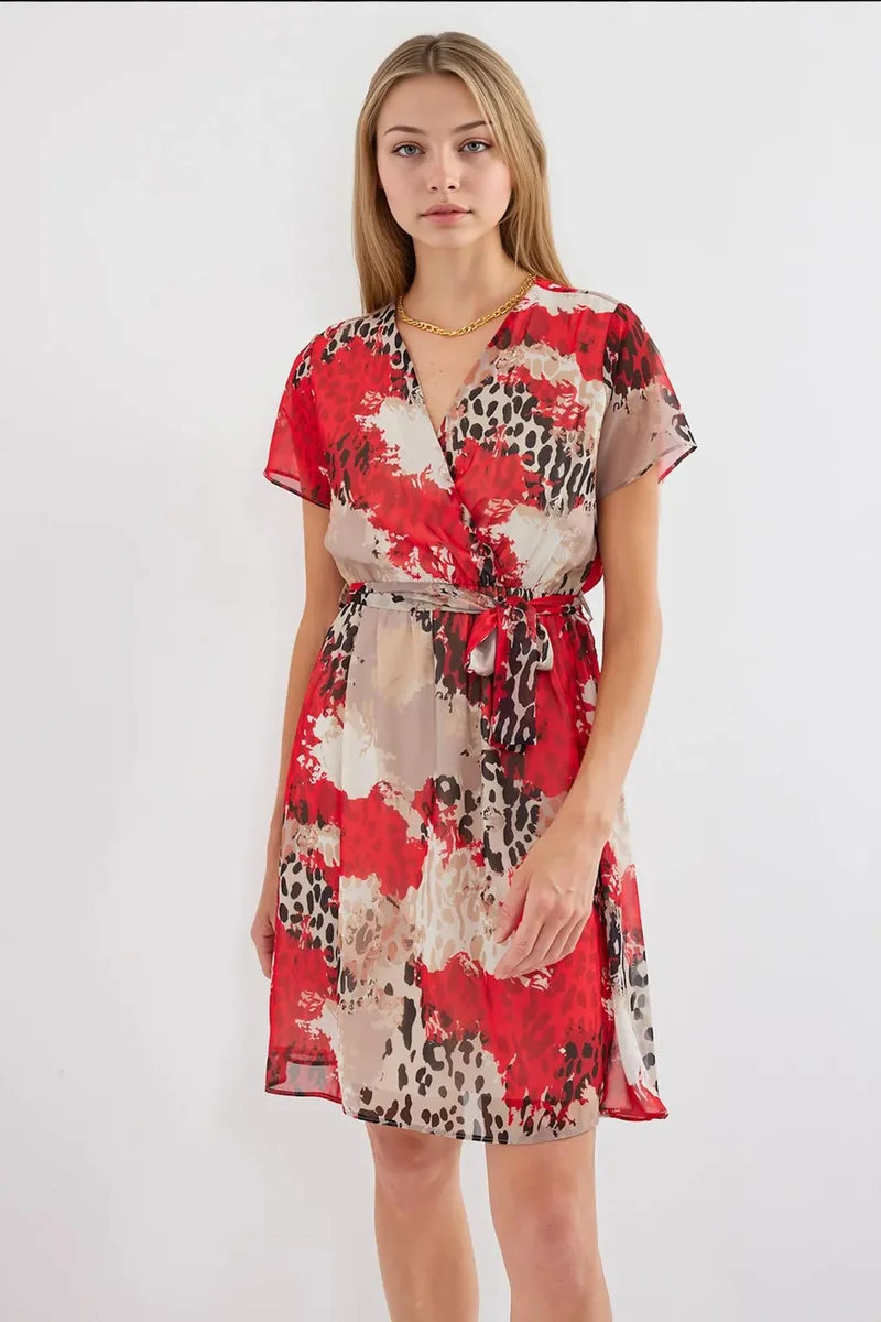Big Dart Red BDART Floral V-Neck Belted Mini Tea Dress for Women | Best Price UAE