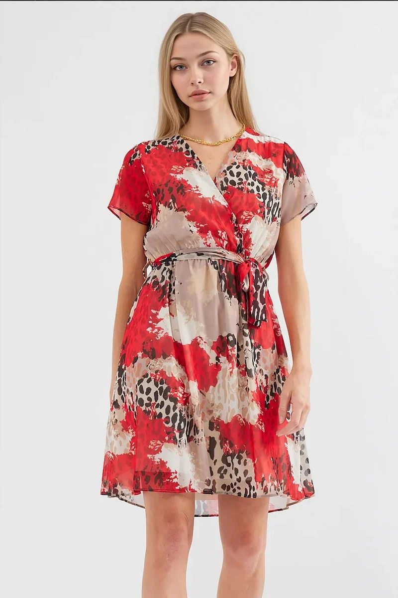 Big Dart Red BDART Floral V-Neck Belted Mini Tea Dress for Women | Best Price UAE