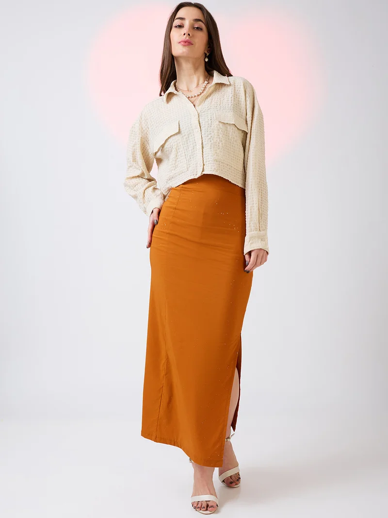 جلو باص جوبس تنورة ماكسي نسائية بخصر مرتفع وشق جانبي بتأثير لامع للحفلات