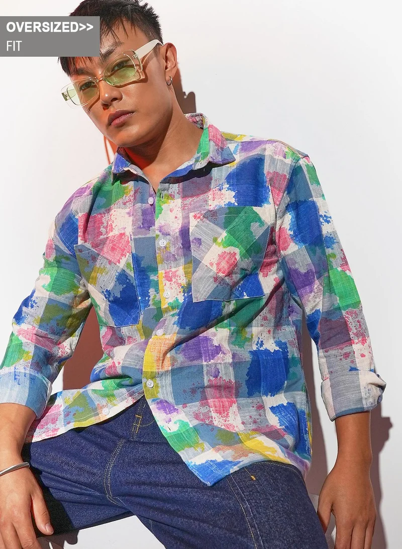 Campus Sutra Men's Multicolour Splash Check Oversized Shirt