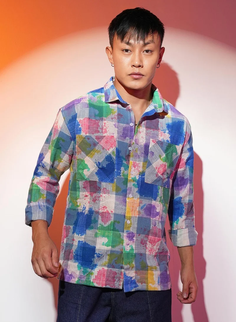 Campus Sutra Men's Multicolour Splash Check Oversized Shirt