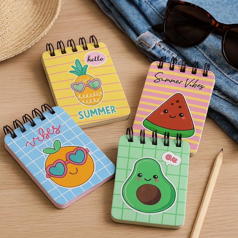 Articious دفتر ملاحظات بحجم الجيب (عبوة من 4) 100 صفحة، دفاتر ملاحظات صغيرة للملاحظات اليومية، القوائم، العمل والتدوين (7x12 سم) دفتر ملاحظات للمكتب - مهرجان الفواكه - Image 3