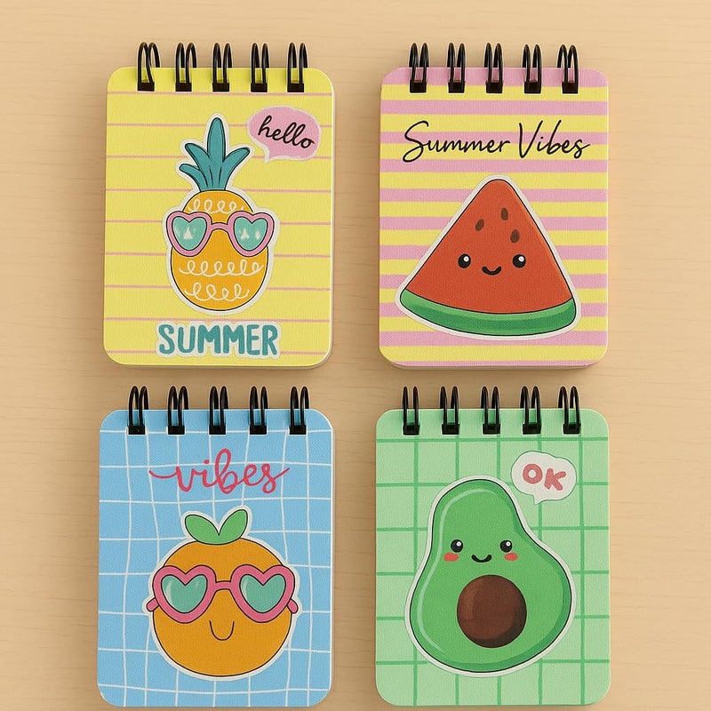 Articious دفتر ملاحظات بحجم الجيب (عبوة من 4) 100 صفحة، دفاتر ملاحظات صغيرة للملاحظات اليومية، القوائم، العمل والتدوين (7x12 سم) دفتر ملاحظات للمكتب - مهرجان الفواكه - Image 1