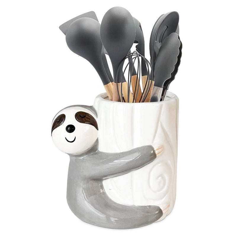 Sixdrop Sloth Utensil Holder  Kitchen Crock Storage Holder  Sloth Gifts For Women Holiday Decor  Glazed Ceramic Organizer  Sloth Birthday Party Supplies Accessories Decorations