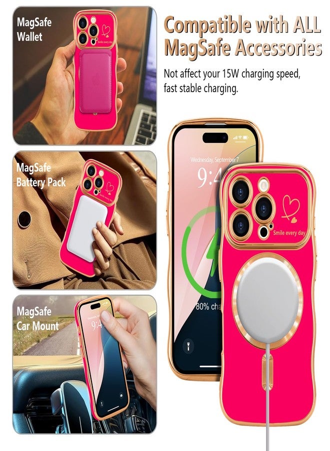 جراب LCHULLE لهاتف iPhone 16 Pro Max للنساء والفتيات [متوافق مع MagSafe]، بتصميم مموج لطيف، ونمط قلب مغناطيسي مع غطاء لعدسة الكاميرا، مطلي فاخر، مقاوم للصدمات، لون وردي فاقع. - Image 5