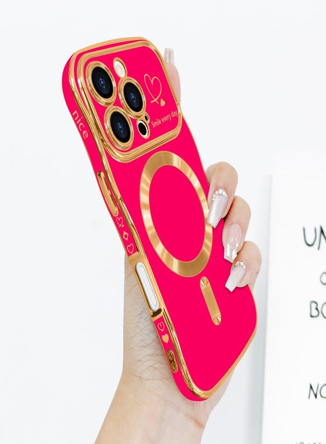 جراب LCHULLE لهاتف iPhone 16 Pro Max للنساء والفتيات [متوافق مع MagSafe]، بتصميم مموج لطيف، ونمط قلب مغناطيسي مع غطاء لعدسة الكاميرا، مطلي فاخر، مقاوم للصدمات، لون وردي فاقع. - Image 2