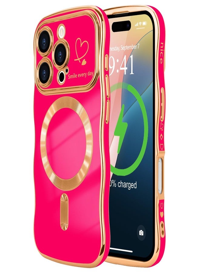 جراب LCHULLE لهاتف iPhone 16 Pro Max للنساء والفتيات [متوافق مع MagSafe]، بتصميم مموج لطيف، ونمط قلب مغناطيسي مع غطاء لعدسة الكاميرا، مطلي فاخر، مقاوم للصدمات، لون وردي فاقع. - Image 1